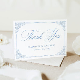 Cartão De Agradecimento Casamento Elegante Quadro Azul Antigo Ornado