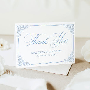 Cartão De Agradecimento Casamento Elegante Quadro Azul Antigo Ornado