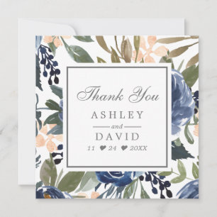 Cartão De Agradecimento Casamento em Aquarela com Padrão Floral Azul Marin