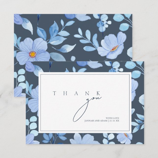 Cartão De Agradecimento Casamento em Aquarela de Flor Silvestre Azul Ardes (Frente/Verso)