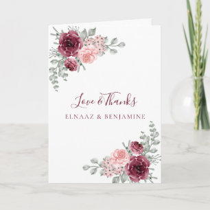 Cartão De Agradecimento Casamento em Aquarela de Rosa Burgundy e Rosa Eleg