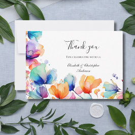 Cartão De Agradecimento Casamento em Aquarela Floral Azul Laranja Brilhant