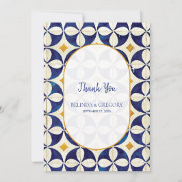 Cartão De Agradecimento Casamento em Azul e Amarelo Vintage com Padrão Por