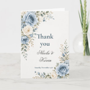 Cartão De Agradecimento Casamento em Azul Poeira e Dourado