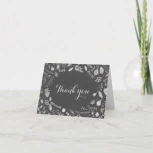 Cartão De Agradecimento Casamento em Cinza Carvão e Floral Prata Obrigado