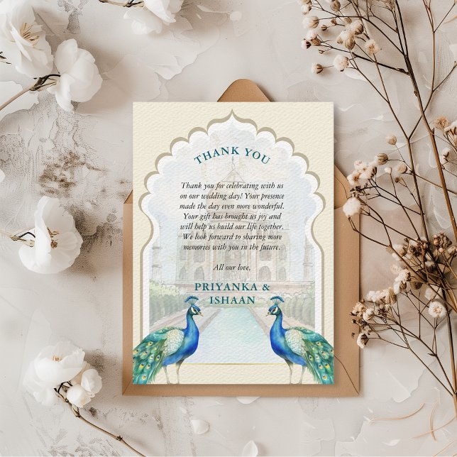 Cartão De Agradecimento Casamento Estético Dourado Taj Mahal, Peacock Indi (Indian Wedding Thank You Card Peacocks Taj Mahal Arch Aesthetic Hindu Punjabi)