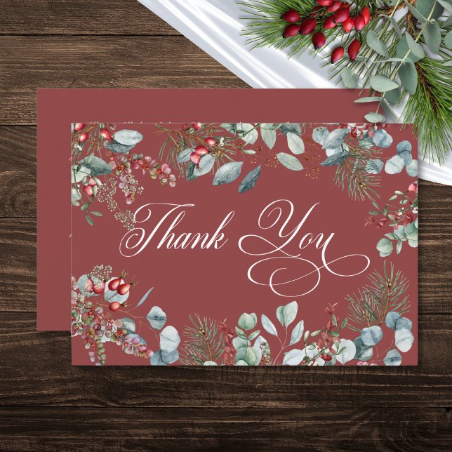 Cartão De Agradecimento Casamento Eucalyptus com pinheiro vermelho (Red Winter Pine Berries Eucalyptus Wedding Thank You Card)