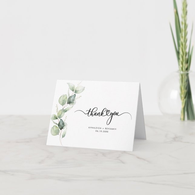 Cartão De Agradecimento Casamento Eucalyptus com Script Elegante (Frente)