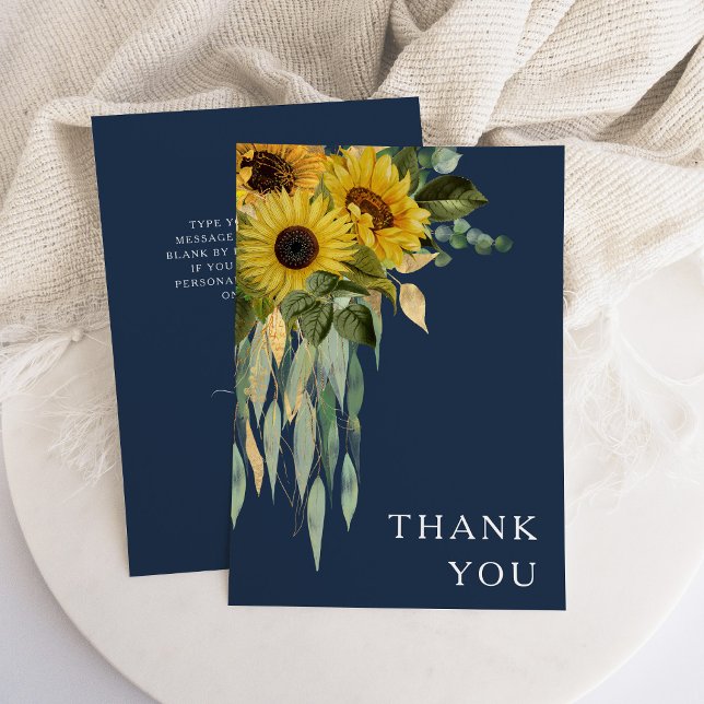 Cartão De Agradecimento Casamento Eucalyptus De Girassol Floral marinho Az (Navy Blue Floral Sunflower Eucalyptus Wedding Thank You Card)