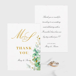 Cartão De Agradecimento Casamento Eucalyptus e Monograma de Ouro