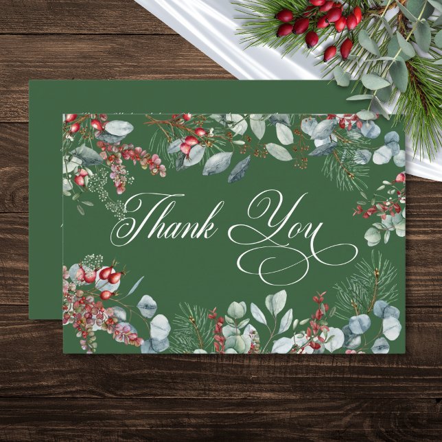 Cartão De Agradecimento Casamento Eucalyptus em Berries Verdes Winter Pine (Green Winter Pine Berries Eucalyptus Wedding Thank You Card)