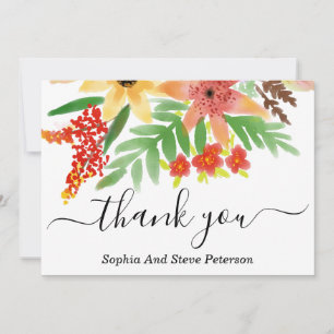 Cartão De Agradecimento Casamento Flor Amarela e Vermelha Aquarela Tropica