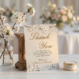 Cartão De Agradecimento Casamento Flor de Cerejeira Branca e Letra Dourada