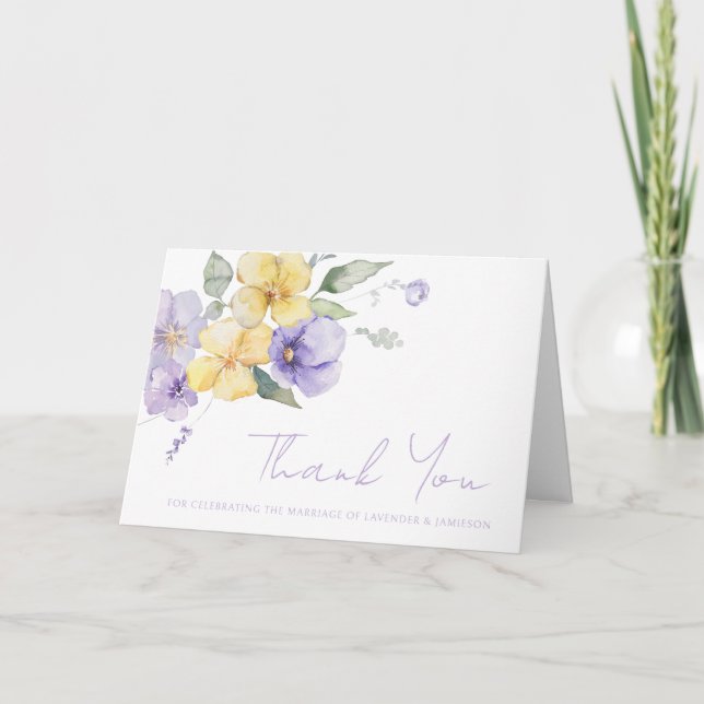Cartão De Agradecimento Casamento Floral Amarelo-lavanda Roxo-Sol (Frente)