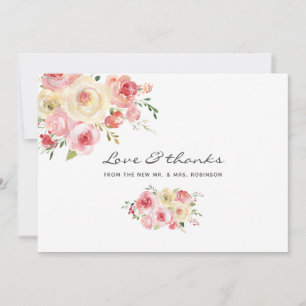 Cartão De Agradecimento Casamento Floral Aquarela em Rosa e Verde Sage