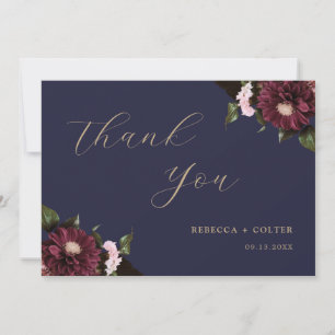 Cartão De Agradecimento Casamento Floral Azul-Borgonha-Azul Elegante