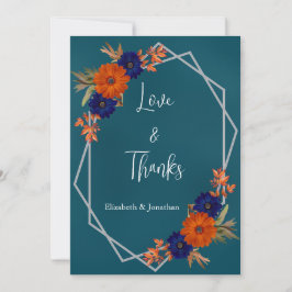 Cartão De Agradecimento Casamento Floral Azul de Marinho Laranja de Outono