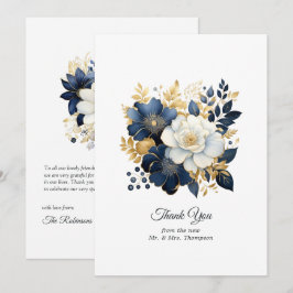 Cartão De Agradecimento Casamento Floral Azul Marinho, Branco e Dourado