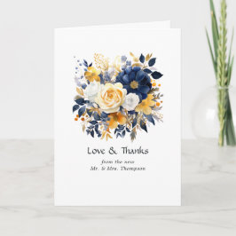 Cartão De Agradecimento Casamento Floral Azul Marinho, Branco e Dourado