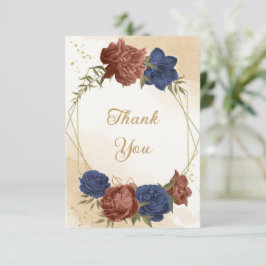 Cartão De Agradecimento casamento floral azul-marinho de terracotta