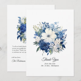 Cartão De Agradecimento Casamento Floral Azul Marinho e Branco