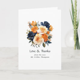 Cartão De Agradecimento Casamento Floral Azul Marinho e Laranja