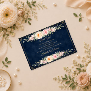Cartão De Agradecimento Casamento Floral Azul Marinho Elegante