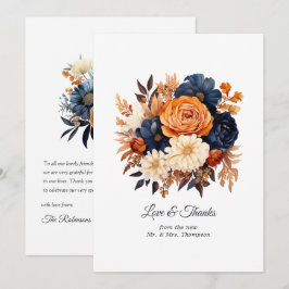 Cartão De Agradecimento Casamento Floral Azul Marinho, Laranja Queimada e 