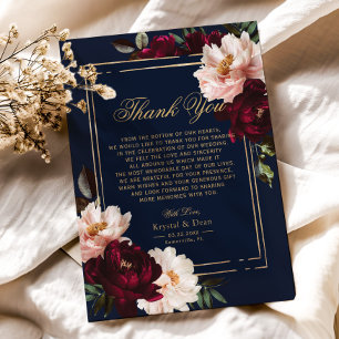 Cartão De Agradecimento Casamento Floral Azul Naval Bege Borgonha Sombrio