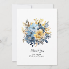 Cartão De Agradecimento Casamento Floral Azul Poeira e Dourado