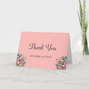 Cartão De Agradecimento Casamento Floral Azul-Rosa Teal Elegante