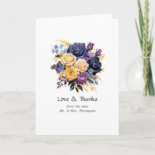 Cartão De Agradecimento Casamento Floral Azul, Roxo, Dourado e Preto
