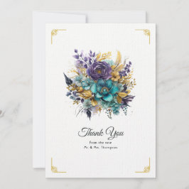 Cartão De Agradecimento Casamento Floral Azul Turquesa, Roxo e Dourado