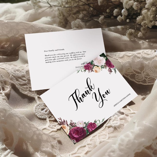 Cartão De Agradecimento Casamento Floral Boho Borgonha Script (Criador carregado)