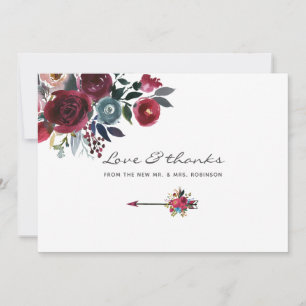 Cartão De Agradecimento Casamento Floral Boho Chic Burgundy e Azul Marinho