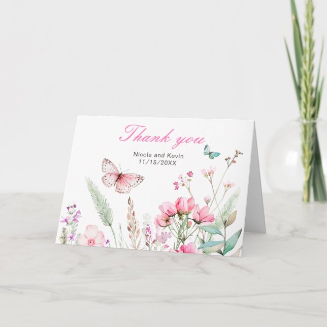 Cartão De Agradecimento Casamento Floral Borboleta Rosa Primavera (Frente)