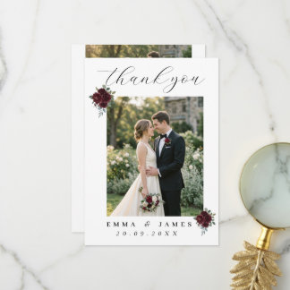 Cartão De Agradecimento Casamento Floral Borgonha Foto Script Rosa Elegant
