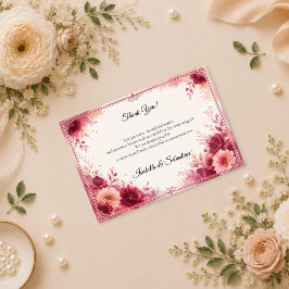Cartão De Agradecimento Casamento Floral Borgonha Romântico