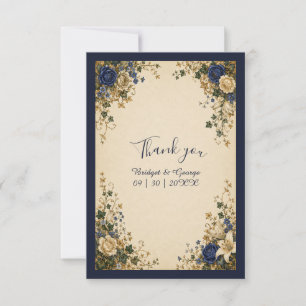 Cartão De Agradecimento Casamento Floral Botânico Azul Real Medieval