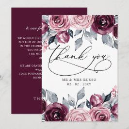 Cartão De Agradecimento Casamento Floral Botânico Moderno Elegante Borgonh