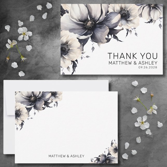 Cartão De Agradecimento Casamento Floral Branca Negra-Negra-Elegante Moder (Modern Elegant Floral Boho Black White Wedding Thank You Card)