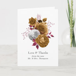 Cartão De Agradecimento Casamento Floral Branco, Borgonha e Dourado
