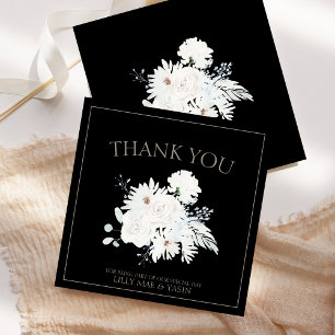 Cartão De Agradecimento Casamento Floral Branco de Inverno Elegante Preto
