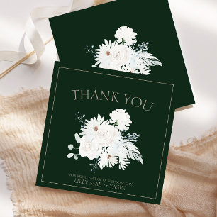 Cartão De Agradecimento Casamento Floral Branco de Inverno Elegante Verde