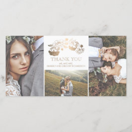 Cartão De Agradecimento Casamento Floral Branco e Dourado Obrigado