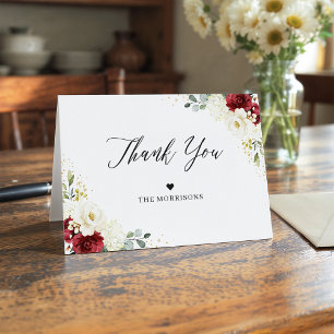 Cartão De Agradecimento Casamento Floral Branco Vermelho Burgundy Chic Ele