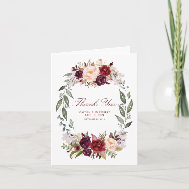 Cartão De Agradecimento Casamento Floral Burgundy Marsala Obrigado (Frente)