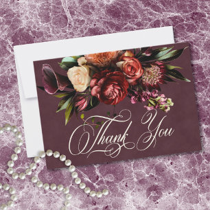 Cartão De Agradecimento Casamento Floral Burgundy Outono Elegante Escuro
