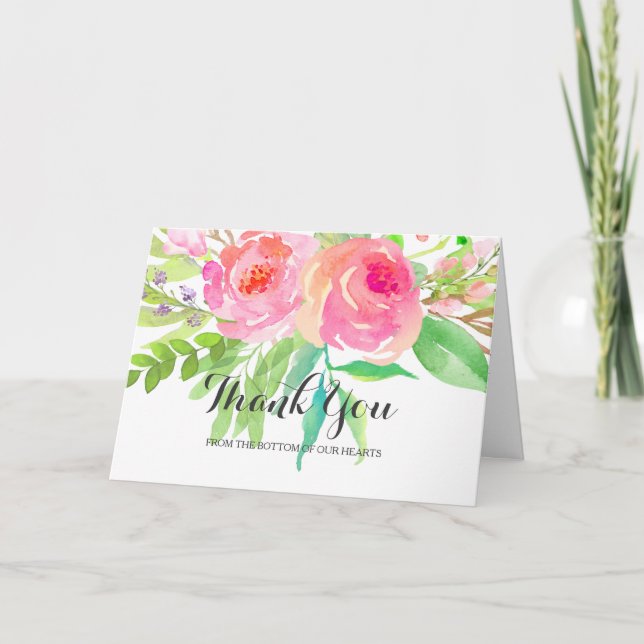 Cartão De Agradecimento Casamento Floral Chic Watercolor|Obrigado (Frente)