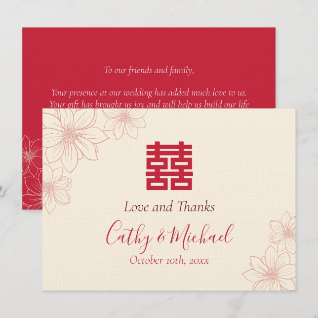 Cartão De Agradecimento Casamento floral chinês boho red e beige (Frente/Verso)